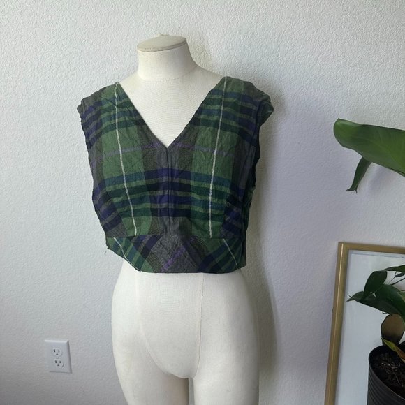 Sandro Women's Linen Plaid V Neck Cropped Tank Top - Picture 1 of 5